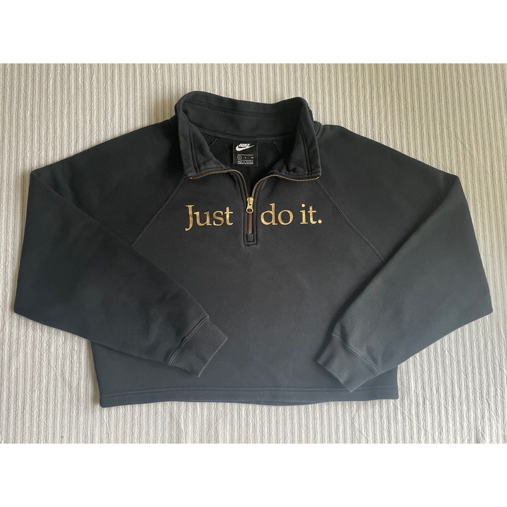 Nike Just Do It Cropped Quarter Zip Sweatshirt Black Gold Streetwear Womens S